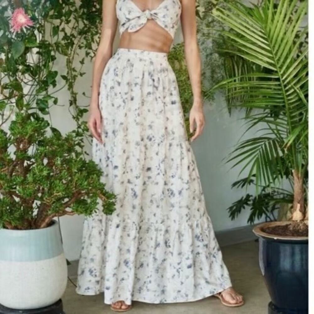 NWT Cami NYC Nori Linen Tiered Maxi Skirt in Aegean Floral Women's Size Medium
